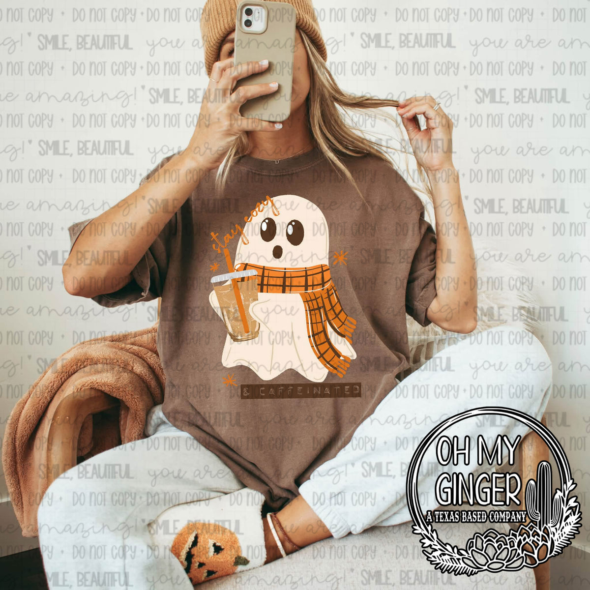 Stay Cozy & Caffeinated Fall — a cozy ghost holding a drink and wearing an autumn scarf