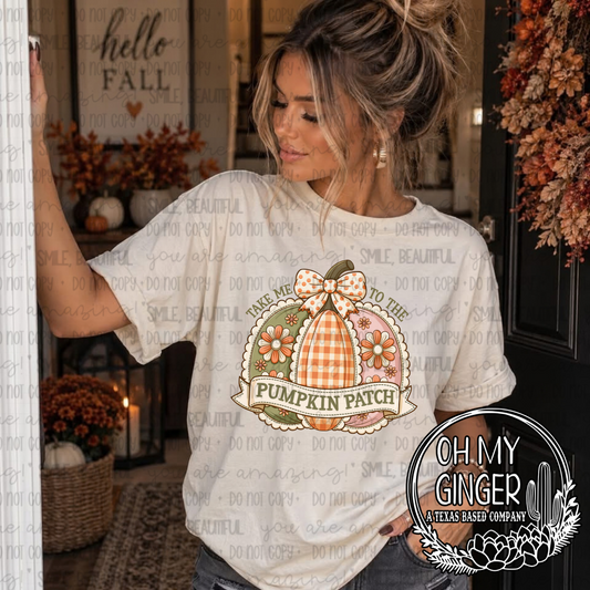 Take Me To The Pumpkin Patch — an autumn pumpkin-patch illustration with warm seasonal lettering