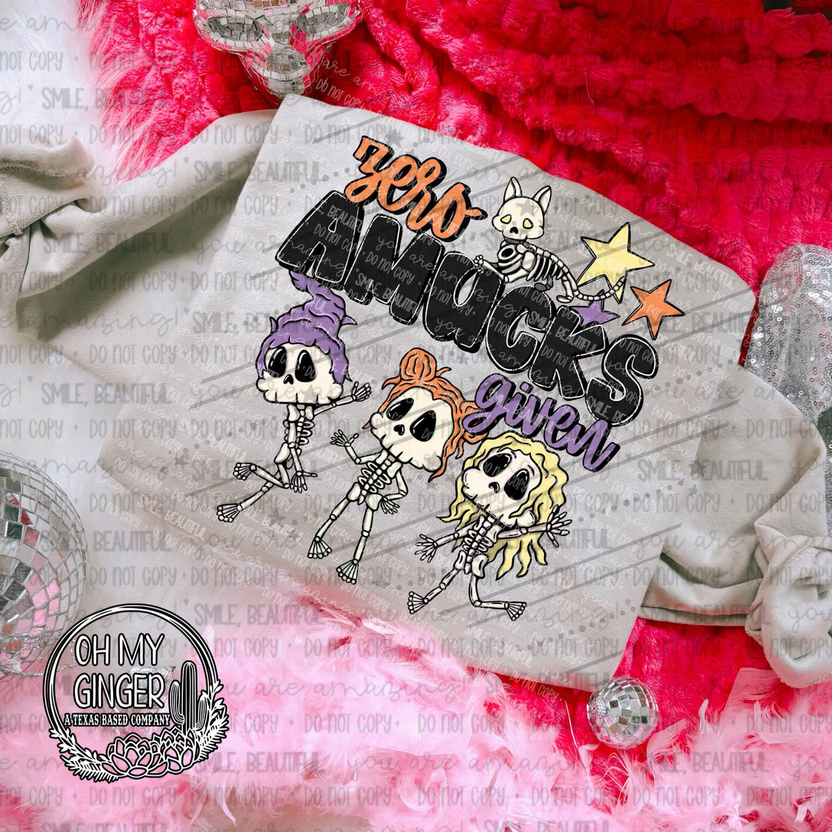 Zero Amucks Given adult apparel design featuring a cheeky Zero Amucks Given witchy Halloween phrase by Oh My Ginger