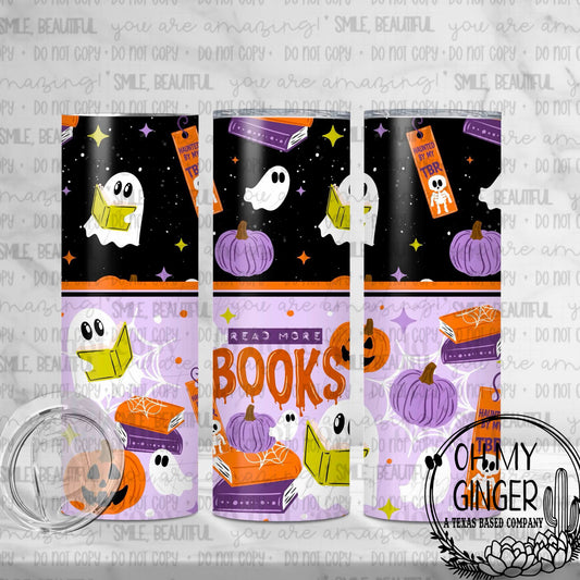 Spooky Read More Books Skinny Tumbler featuring reading ghosts, colorful books, pumpkins and witch brooms on a playful Halloween pattern by Oh My Ginger
