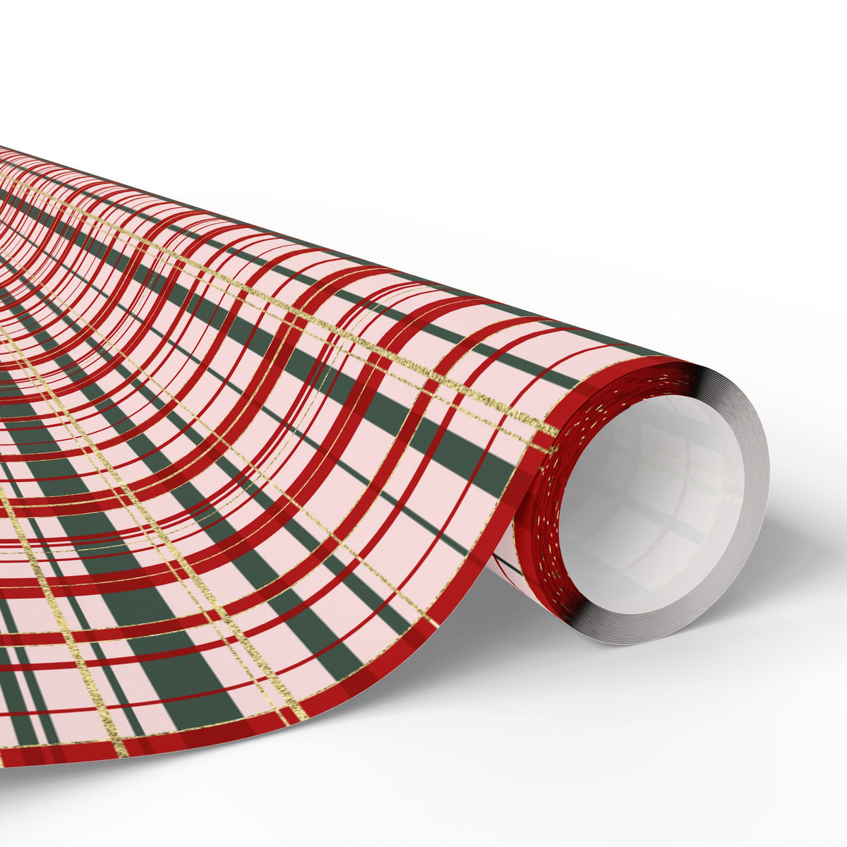 Pink Christmas Plaid Wrapping Paper, Red & Green Tartan with Faux Gold Glitter, Classic Holiday Gift Wrap