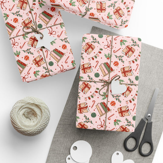 Pink Bookish Christmas Wrapping Paper, Holiday Books, Bows & Christmas Lights, Gift Wrap for Book Lovers