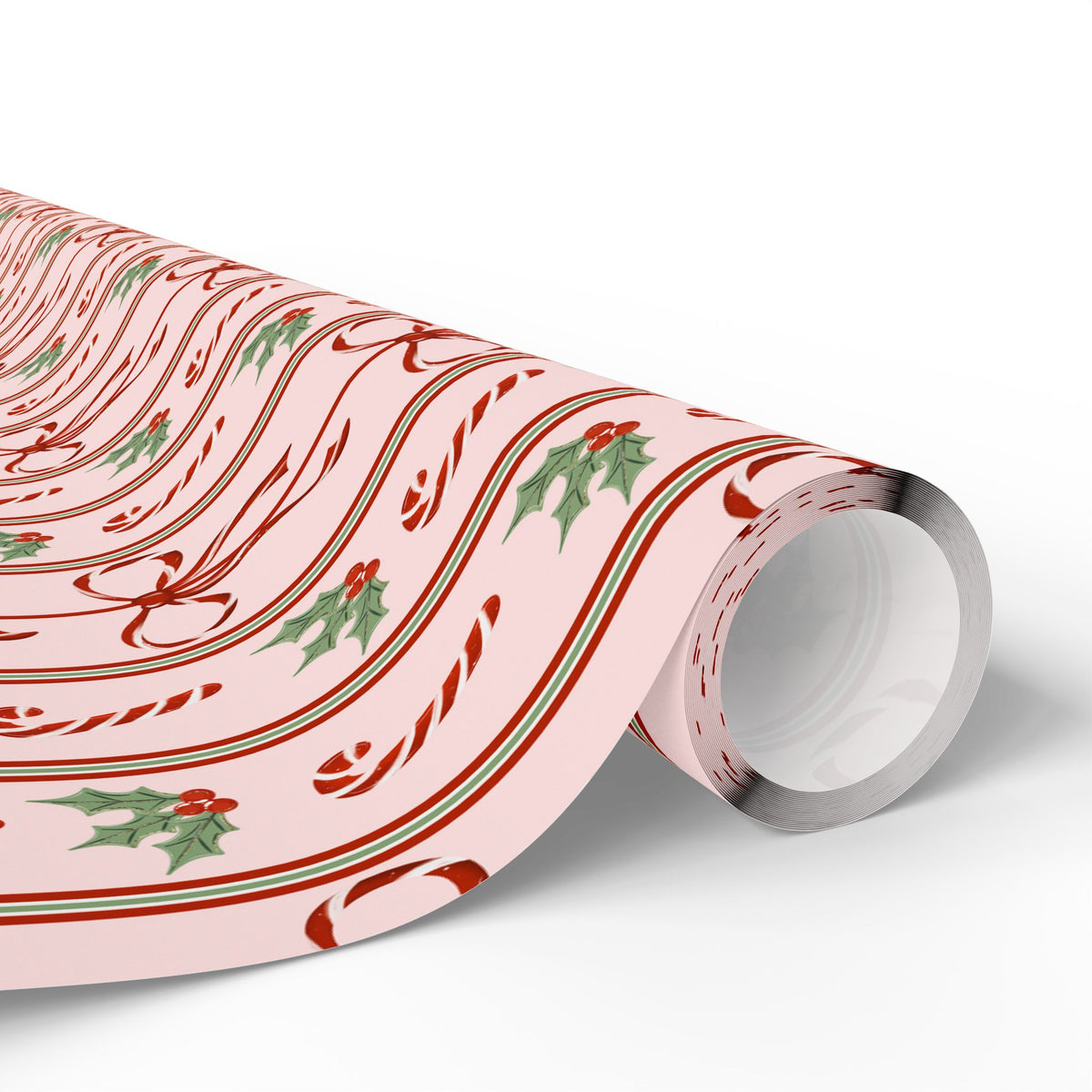 Pink Candy Cane Christmas Wrapping Paper, Red Bows & Holly, Striped Coquette Holiday Gift Wrap