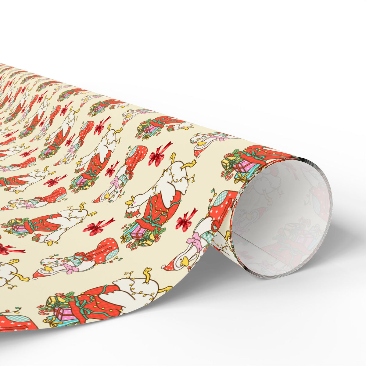 Christmas Goose Wrapping Paper, Cute Geese with Santa Hats, Presents & Red Bows, Whimsical Holiday Gift Wrap