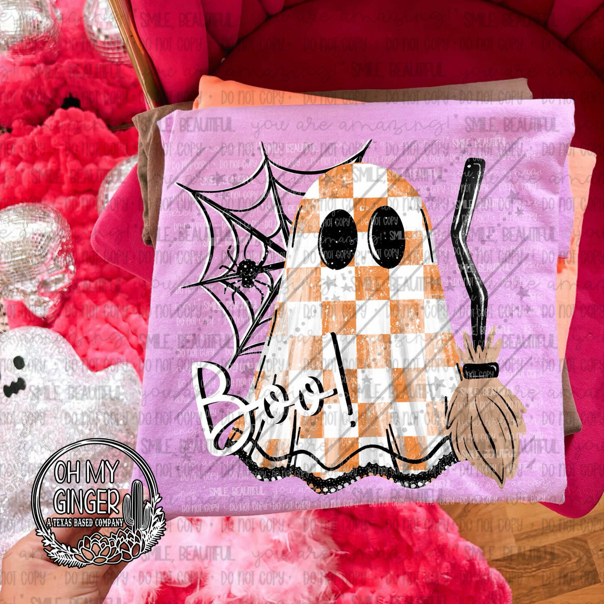 Boo Checkered Ghost adult apparel design featuring a playful Boo ghost design with trendy checkerboard styling by Oh My Ginger