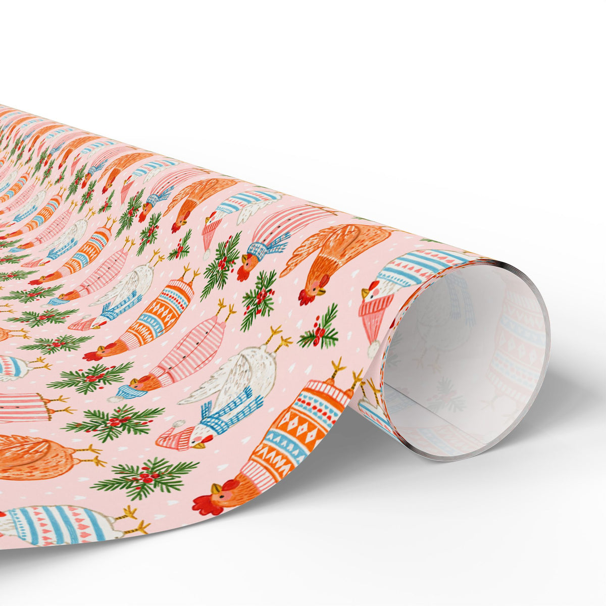 Christmas Chicken Wrapping Paper, Pink Holiday Gift Wrap with Chickens in Sweaters, Cute Farmhouse Christmas Paper
