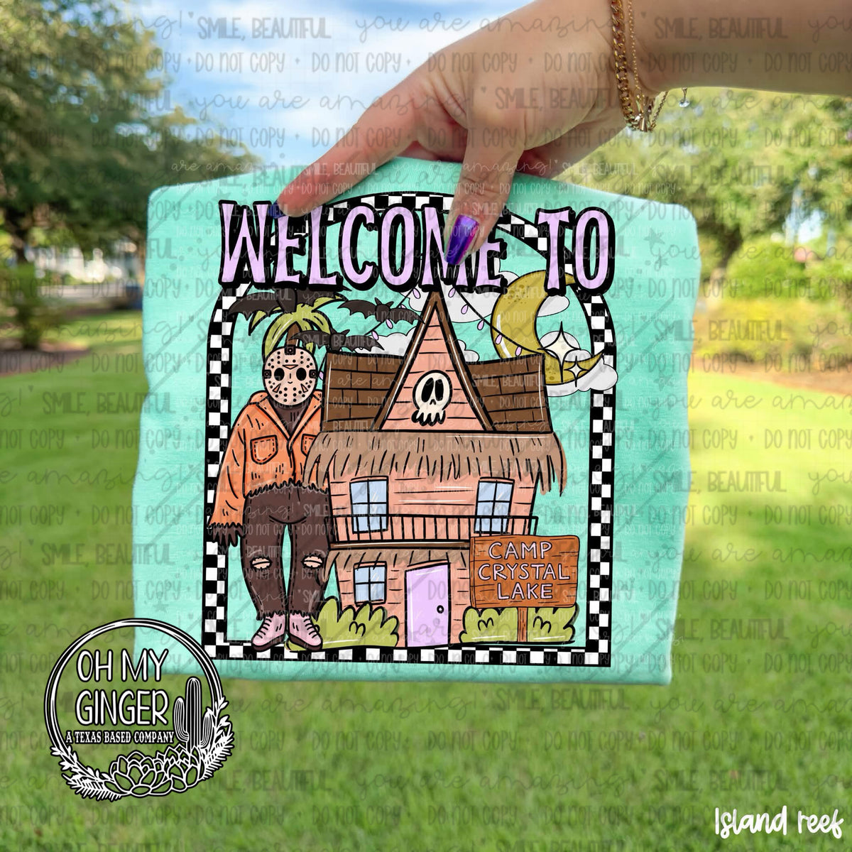 Welcome to Camp Crystal Lake adult apparel design featuring a vintage camp-sign-inspired horror design welcoming visitors to Crystal Lake by Oh My Ginger