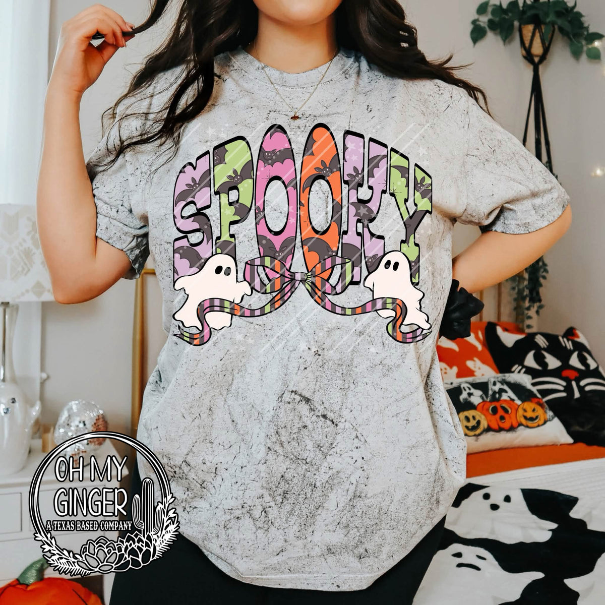 Spooky Bats adult apparel design featuring a playful Halloween design featuring spooky bat imagery by Oh My Ginger