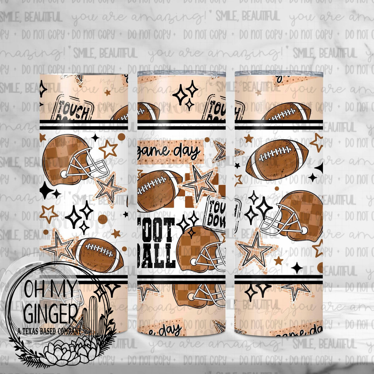 Game Day Football Skinny Tumbler featuring footballs, helmets, stars and checkerboard accents in a neutral game-day pattern by Oh My Ginger