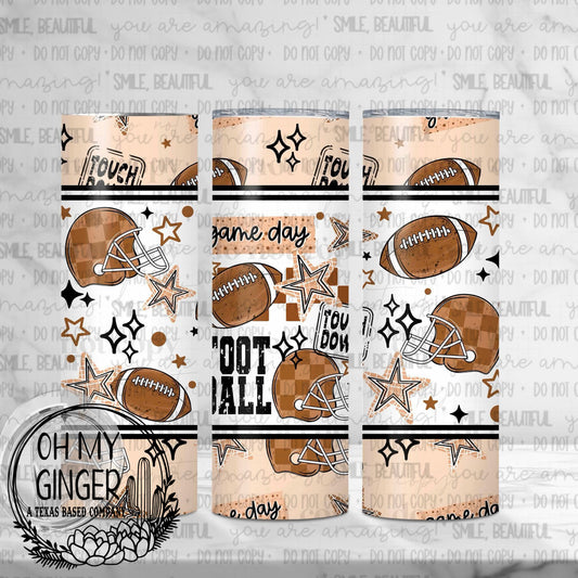 Game Day Football Skinny Tumbler featuring footballs, helmets, stars and checkerboard accents in a neutral game-day pattern by Oh My Ginger