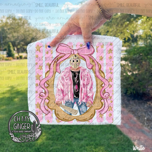 Jason Pink Horror Stripes — a Jason-inspired portrait framed with pink stripes and a bow