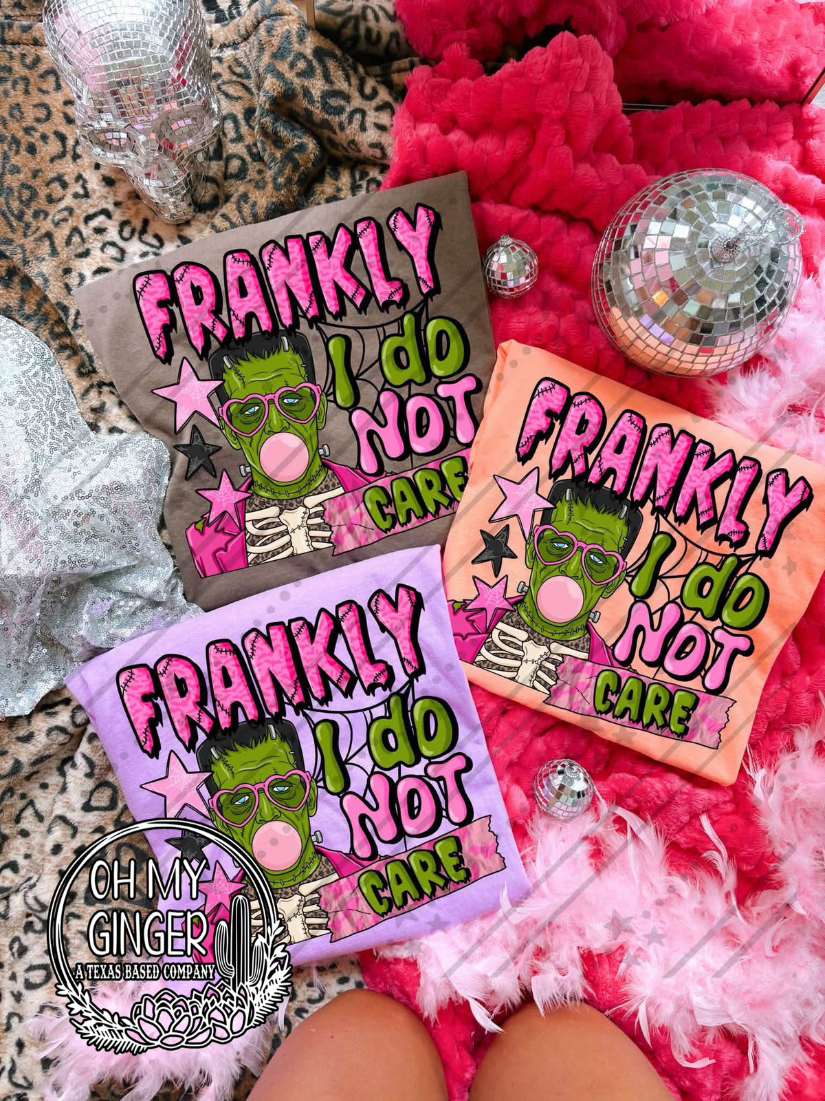 Frankly I Do Not Care adult apparel design featuring a funny monster-inspired Frankly I Do Not Care Halloween phrase by Oh My Ginger