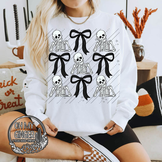 Skeleton & Bow Collage adult apparel design featuring a trendy Halloween collage combining skeleton details with feminine bow accents by Oh My Ginger
