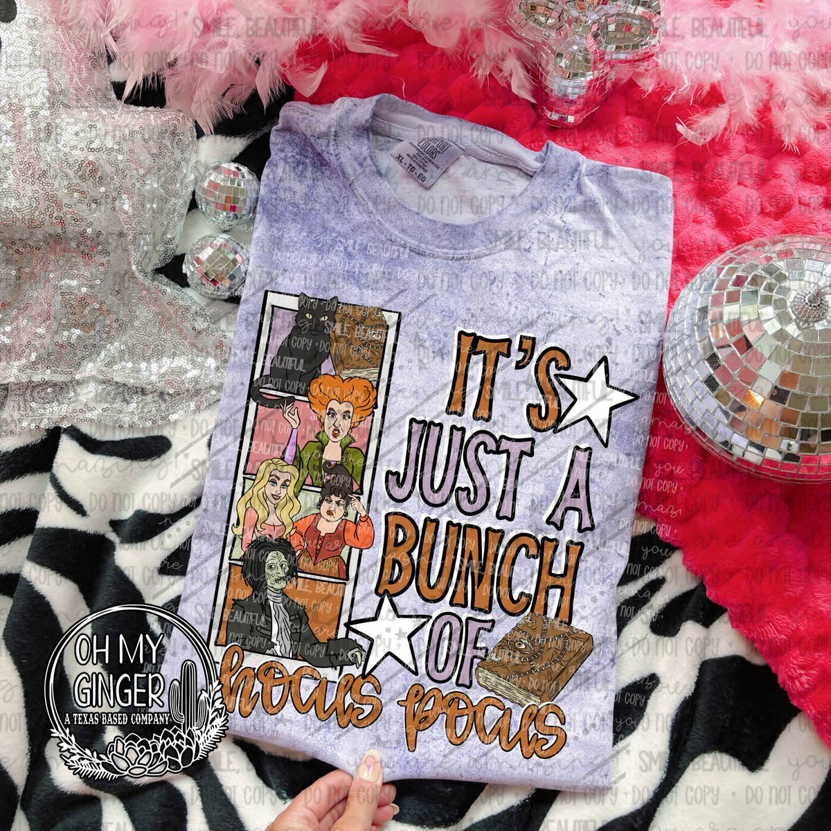 It’s Just A Bunch Of Hocus Pocus Film Strip adult apparel design featuring a nostalgic witchy film-strip design featuring the It’s Just A Bunch Of Hocus Pocus phrase by Oh My Ginger