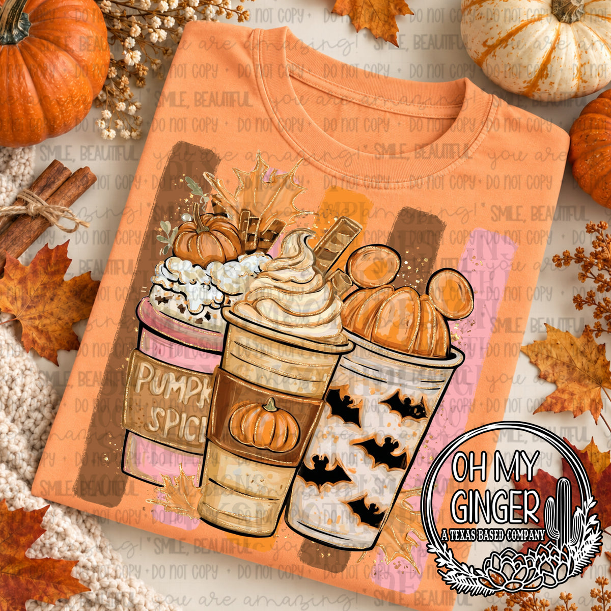 Pumpkin Spice Drinks — three pumpkin-spice drinks with warm autumn patterns