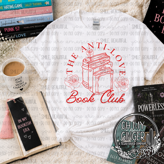 Anti Love Book Club — an open book with pink anti-love-book-club lettering