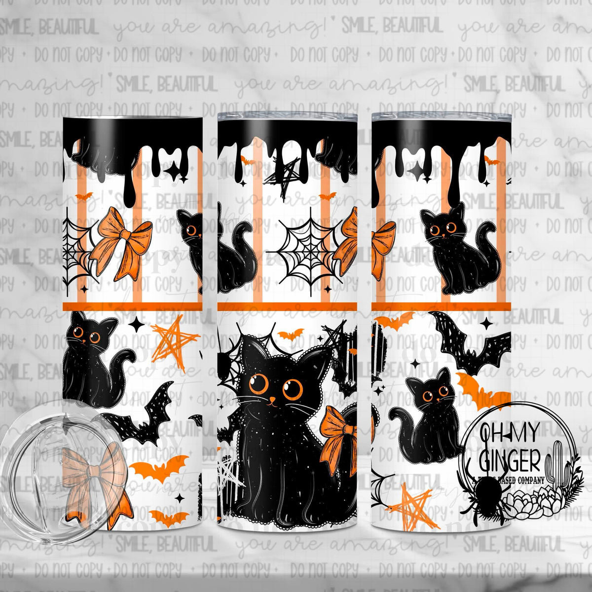 Spooky Kitty Skinny Tumbler featuring black cats, ghosts, bats, pumpkins and spiderwebs with bright Halloween accents by Oh My Ginger