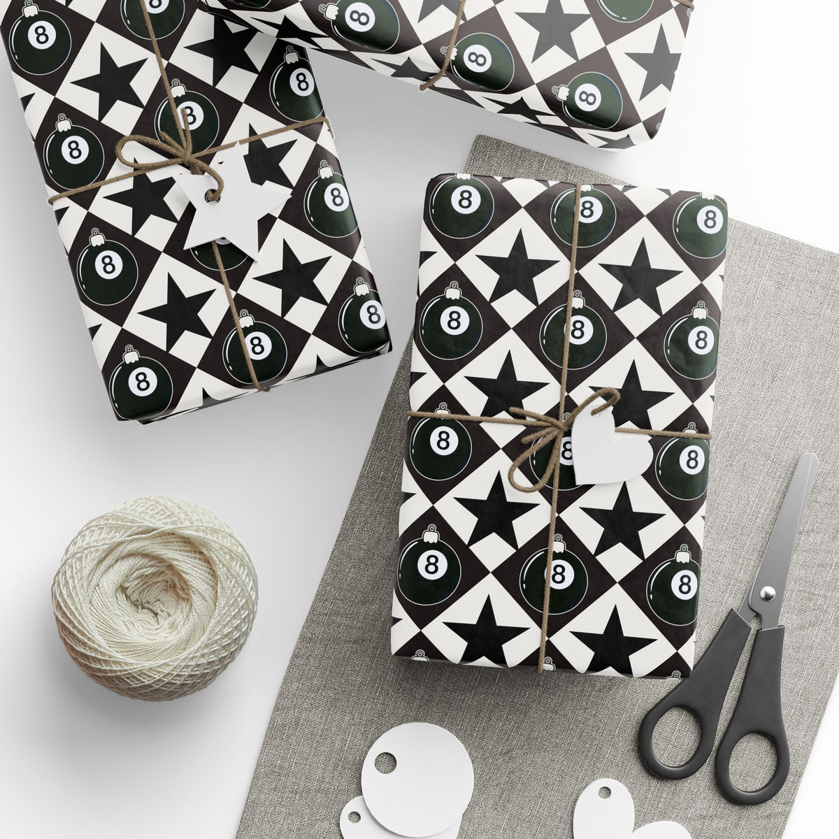 8 Ball Christmas Wrapping Paper, Black & White Ornament Gift Wrap, Stars & Diamonds, Billiards Holiday Paper