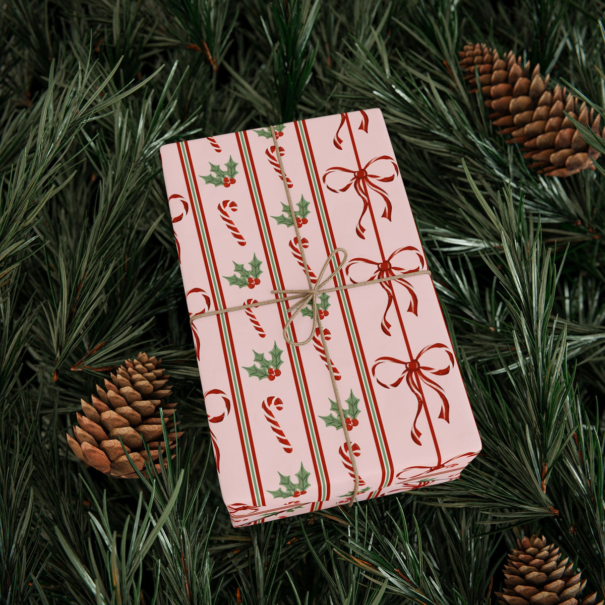 Pink Candy Cane Christmas Wrapping Paper, Red Bows & Holly, Striped Coquette Holiday Gift Wrap
