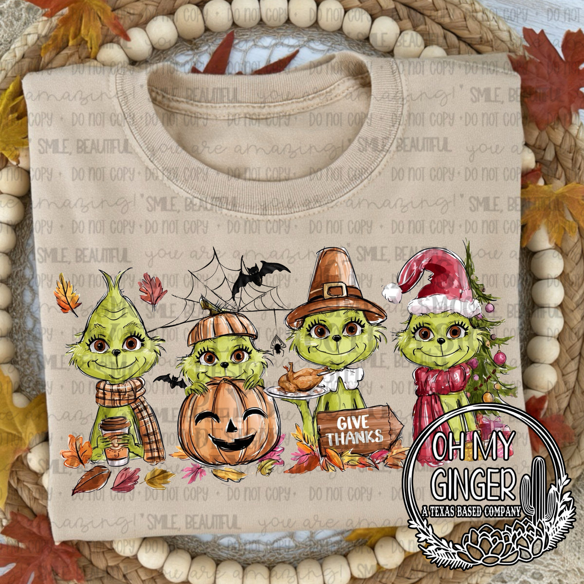 Green Guy Give Thanks — green holiday characters with Thanksgiving pumpkins and give-thanks lettering