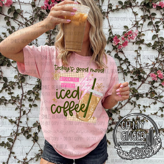 Today’s Good Mood Starts After Iced Coffee — pink and green lettering with iced-coffee cups
