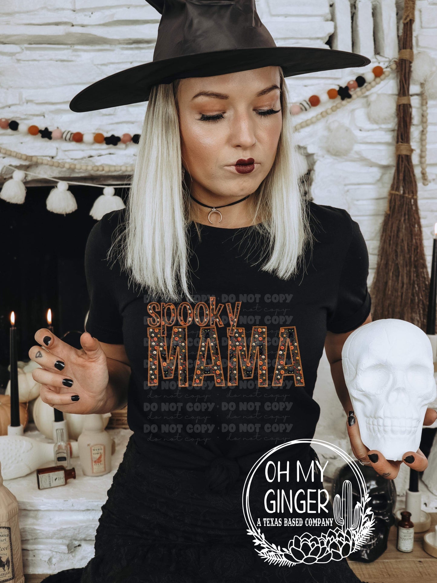 Spooky Mama - Black Cats and Pumpkins - Faux Embroidery