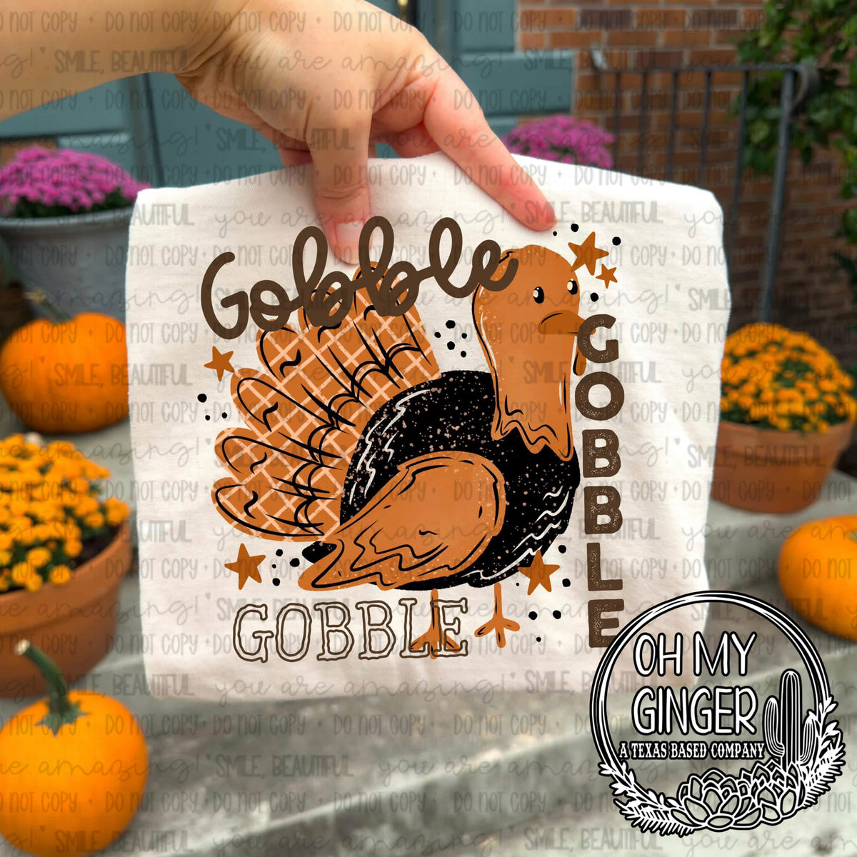 Gobble x3 — gobble lettering surrounding a turkey with patterned feathers