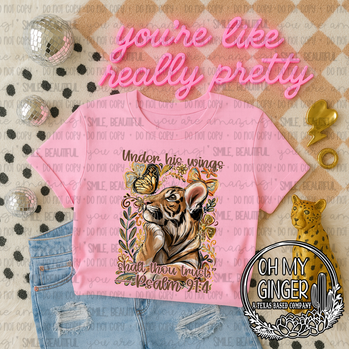 Under His Wings Thou Shall Trust — a tiger cub with butterflies, flowers and under-His-wings lettering from Psalm 91:4