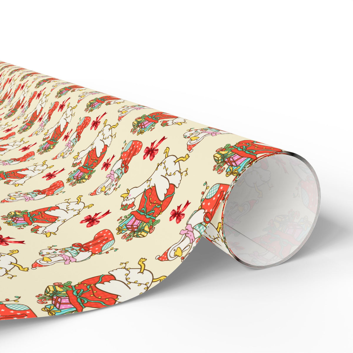 Christmas Goose Wrapping Paper, Cute Geese with Santa Hats, Presents & Red Bows, Whimsical Holiday Gift Wrap