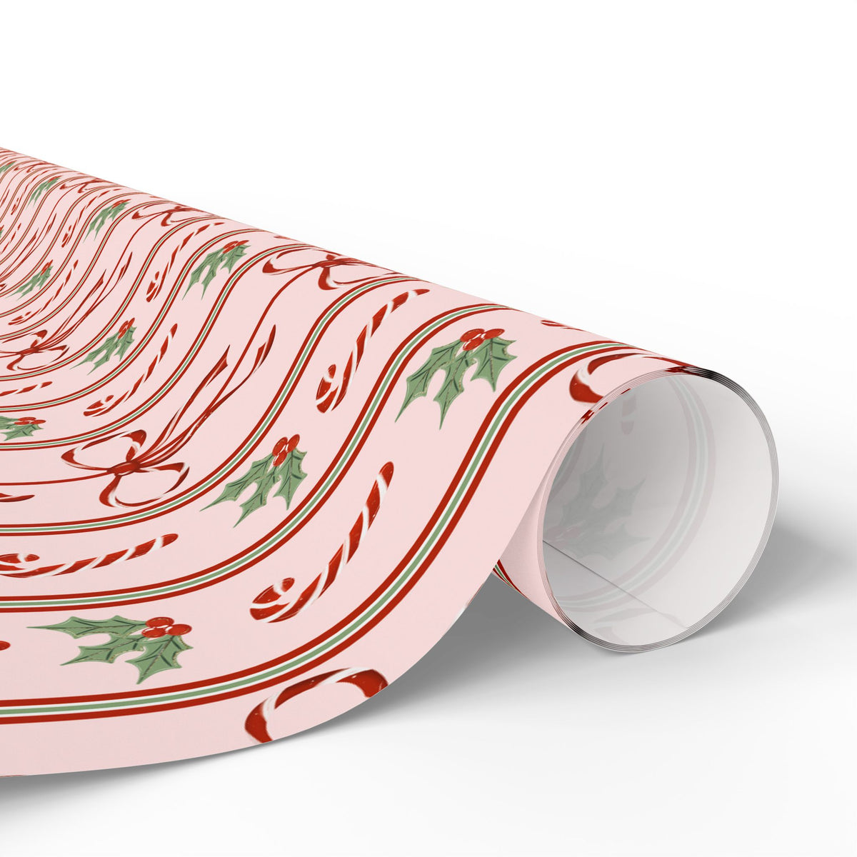Pink Candy Cane Christmas Wrapping Paper, Red Bows & Holly, Striped Coquette Holiday Gift Wrap