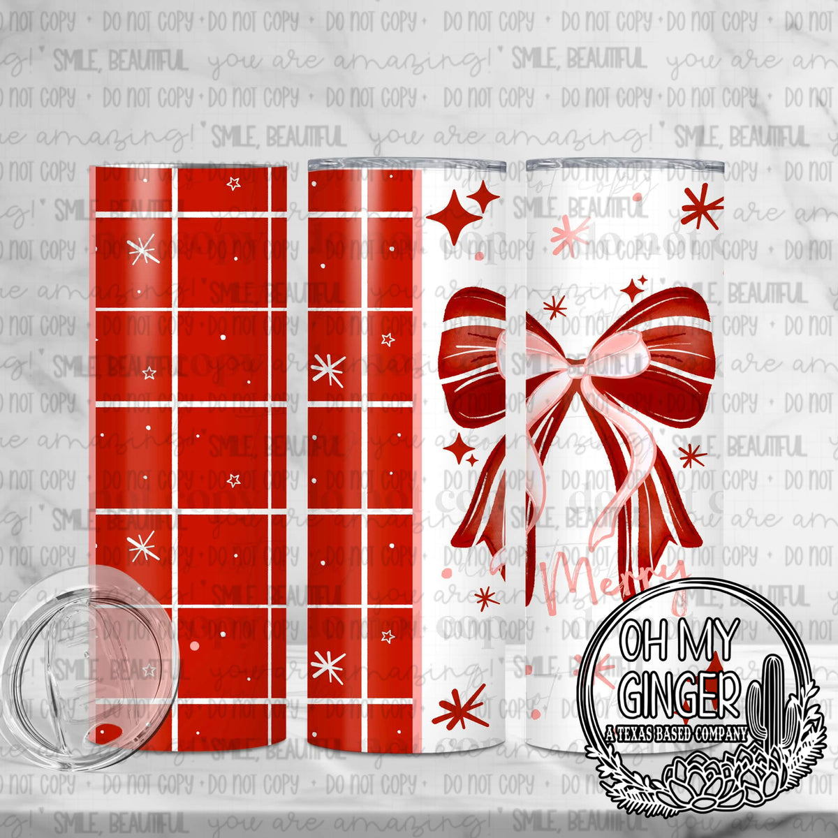 Merry Bows Skinny Tumbler — red plaid panels, a large striped bow and star accents