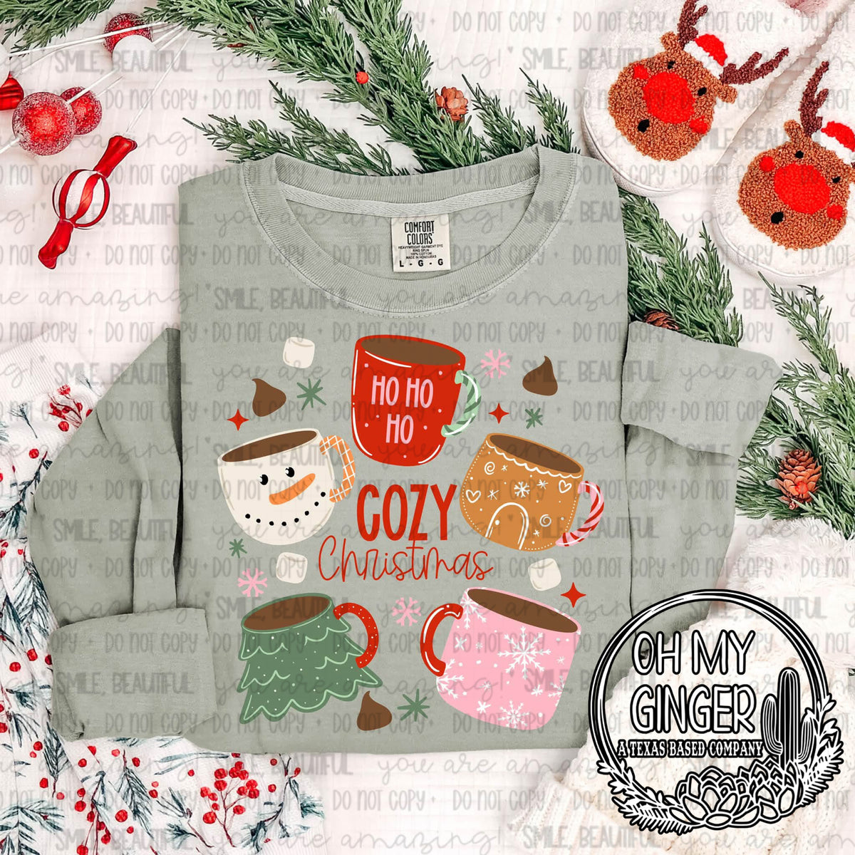 Cozy Christmas — cozy Christmas lettering surrounded by mugs and winter accessories