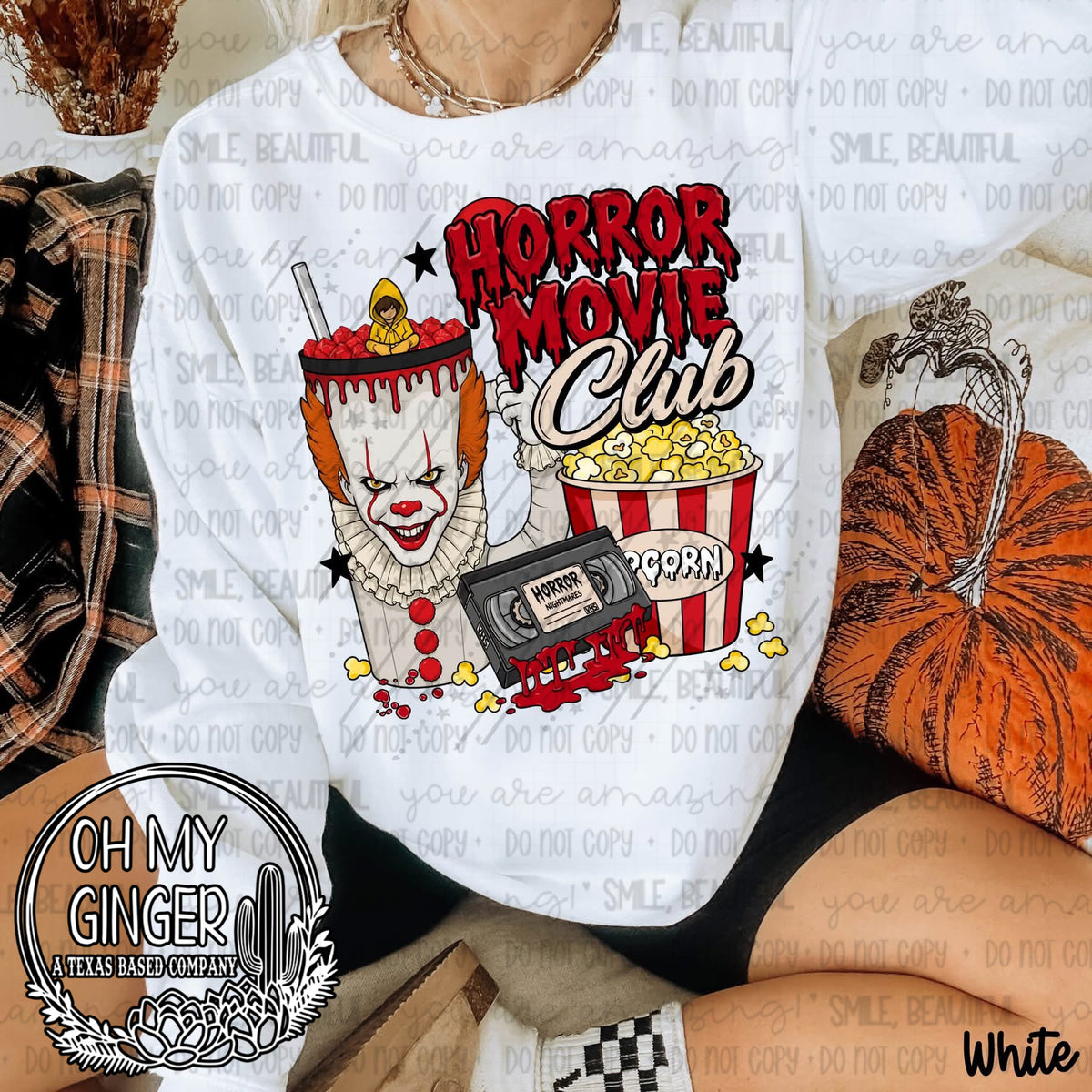 Horror Movie Club I T design featuring a horror movie club design with a sinister clown-inspired character by Oh My Ginger