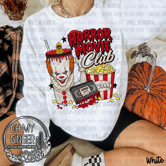 Horror Movie Club I T — a Pennywise-inspired figure with popcorn, a film strip and movie-club lettering
