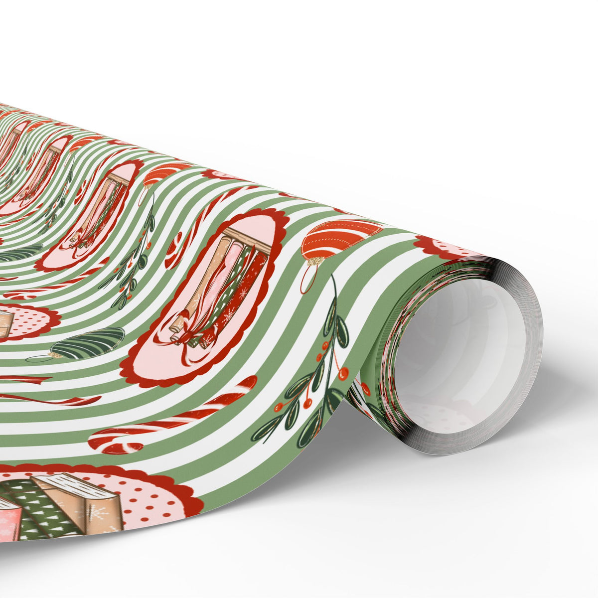 Book Lover Christmas Wrapping Paper, Sage Green Stripes, Festive Books & Bows, Bookish Holiday Gift Wrap