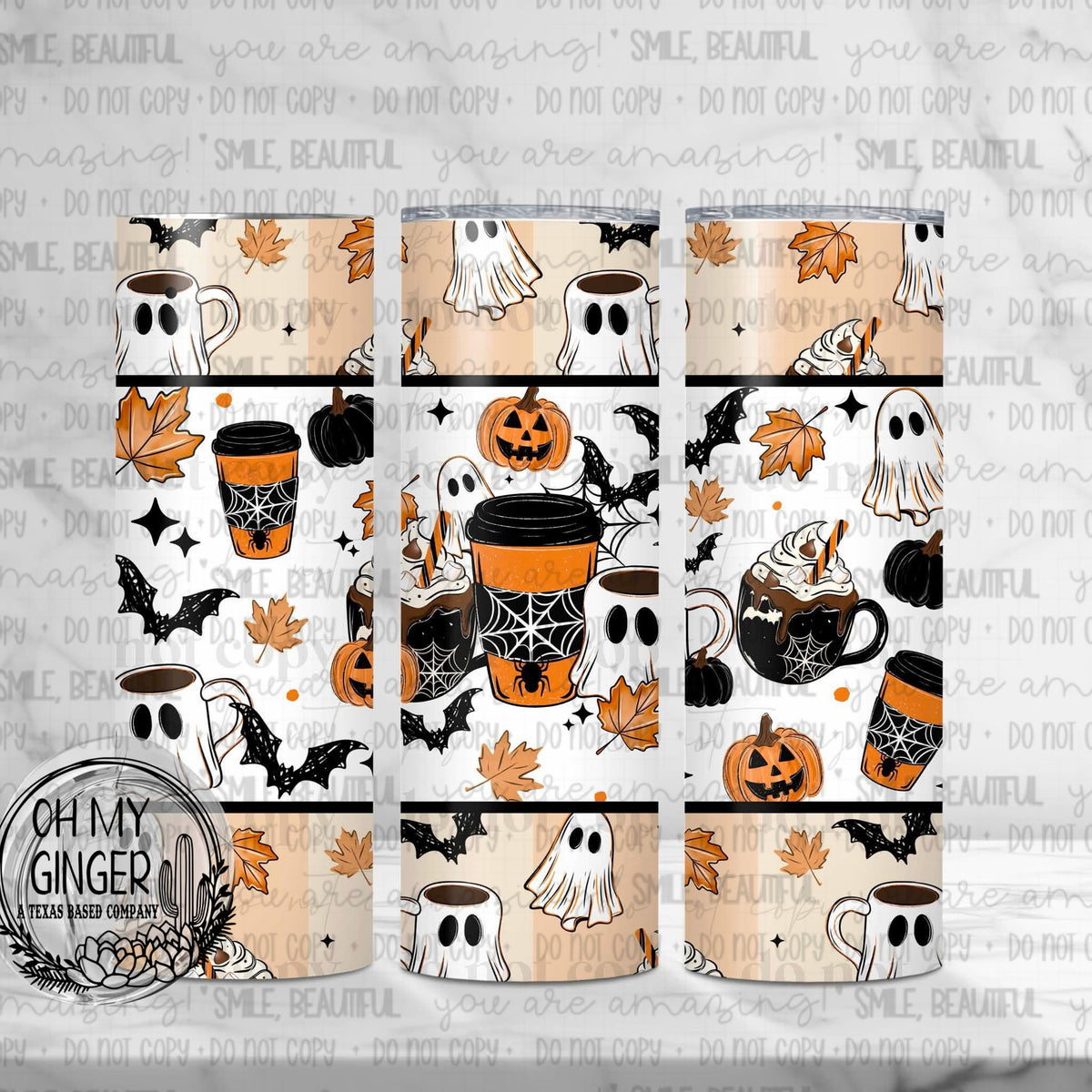 Spooky Coffee Spooky Skinny Tumbler featuring Halloween coffee cups, ghosts, pumpkins, bats and fall leaves in black and orange by Oh My Ginger