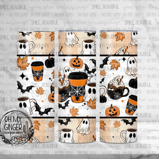 Spooky Coffee Spooky Skinny Tumbler featuring Halloween coffee cups, ghosts, pumpkins, bats and fall leaves in black and orange by Oh My Ginger