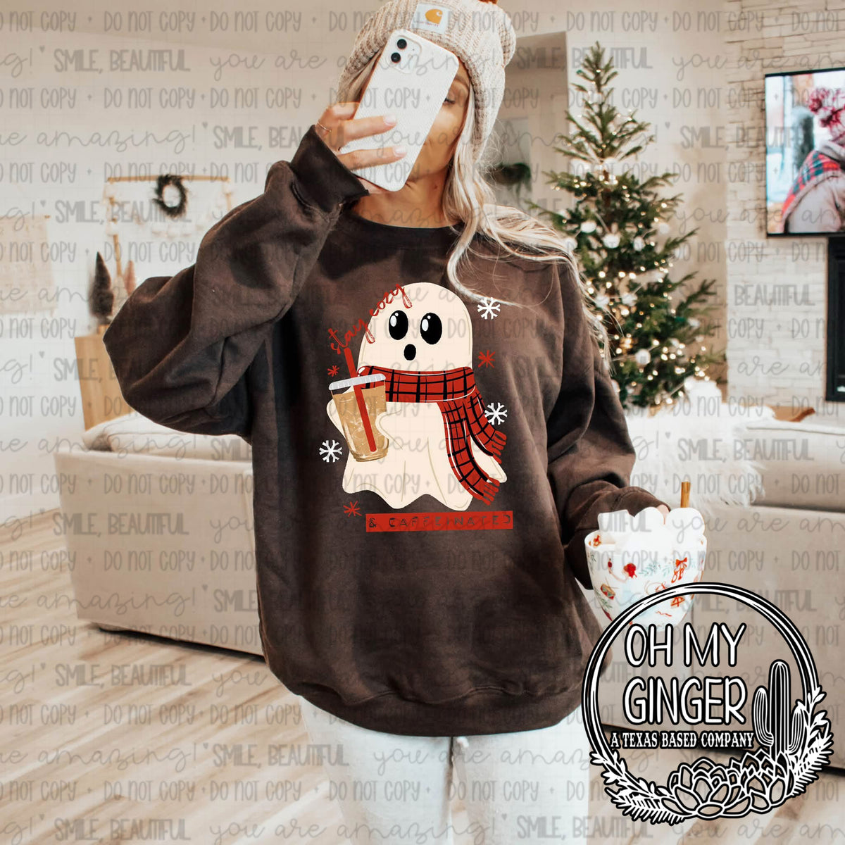 Stay Cozy & Caffeinated Christmas — a drink-holding ghost wearing a red scarf and winter hat