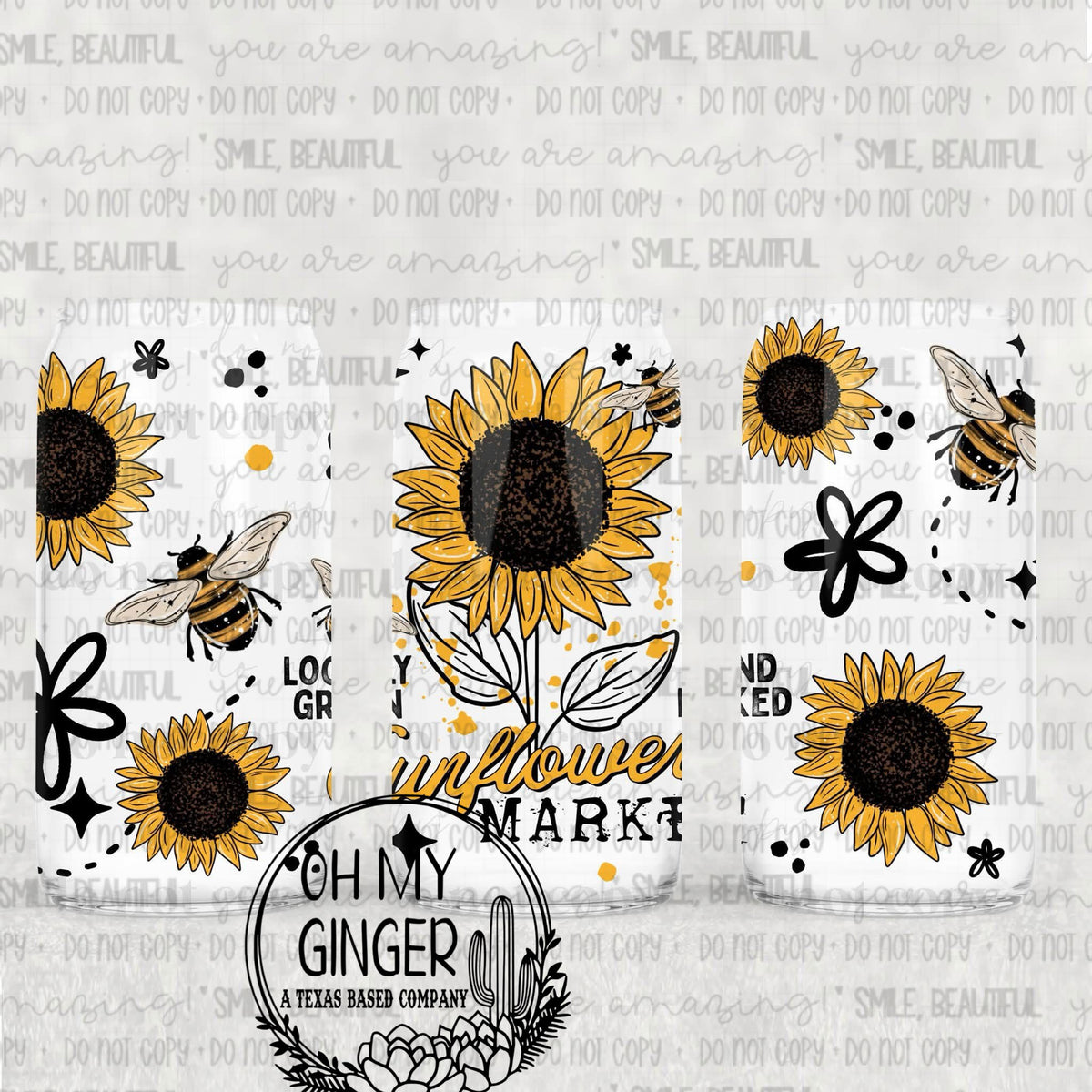Sunflower Market Glass Can featuring large golden sunflowers, bees and black hand-lettered Sunflower Market details by Oh My Ginger