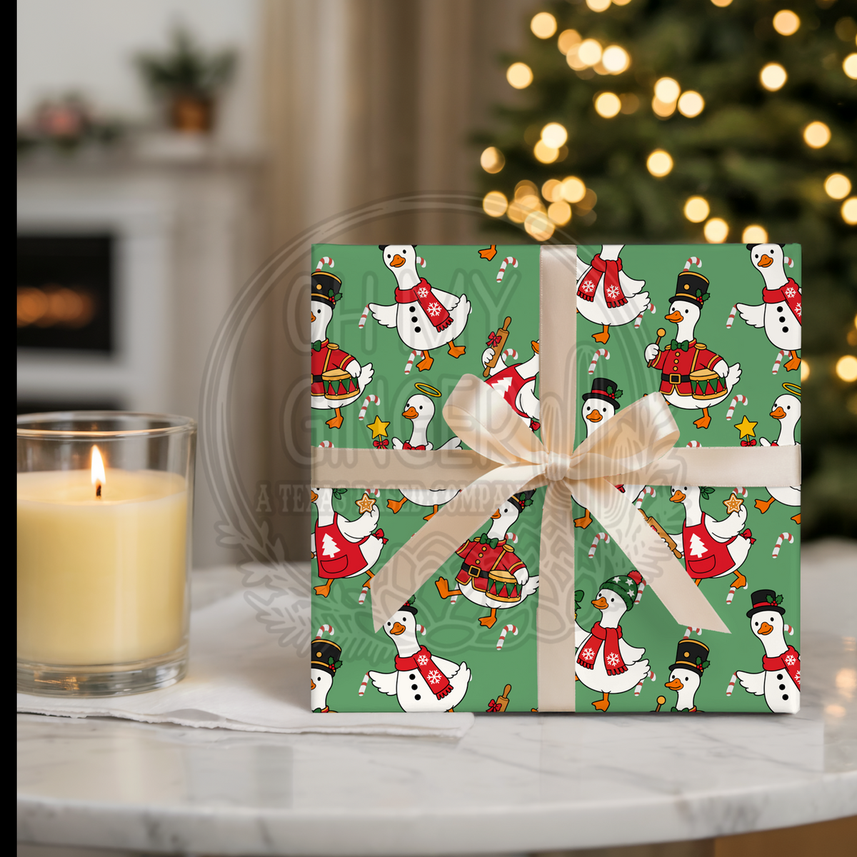 Christmas Geese Green Wrapping Paper