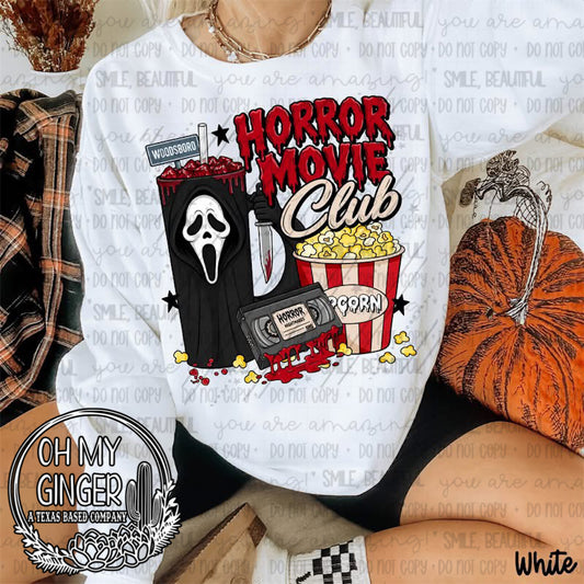 Horror Movie Club GF — a Ghostface-inspired figure with popcorn, a film strip and movie-club lettering