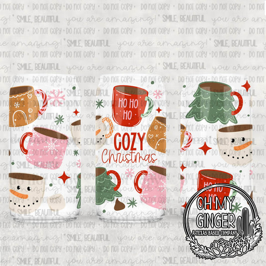 Cozy Christmas Glass Can — cozy Christmas lettering, mugs, mittens and snowflakes