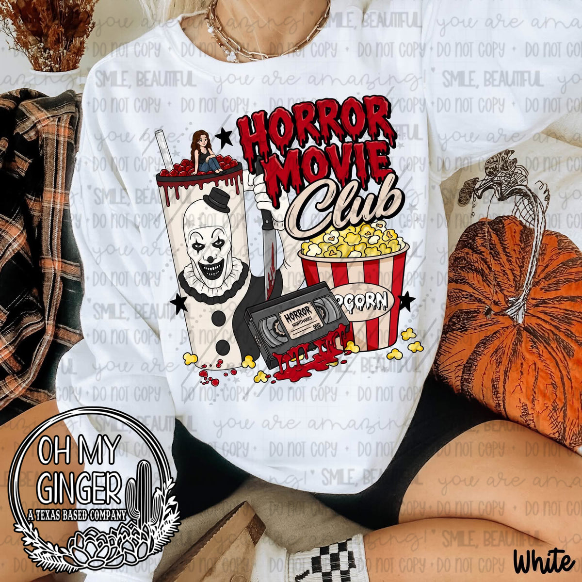Horror Movie Club Art design featuring a horror movie club design with a menacing black-and-white clown-inspired character by Oh My Ginger