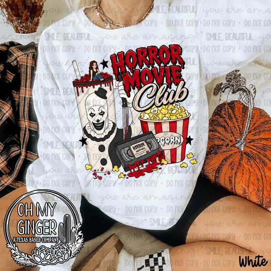 Horror Movie Club Art — an Art-inspired clown with popcorn, a film strip and movie-club lettering