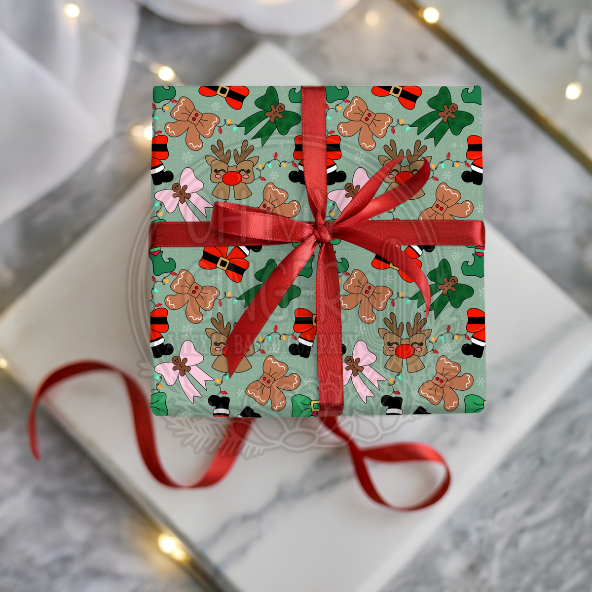 Christmas Bows on Green Wrapping Paper