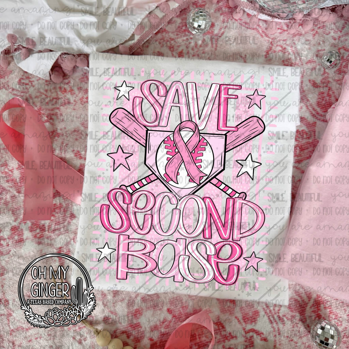 Save Second Base Stripes adult apparel design featuring a pink striped Save Second Base breast cancer awareness design by Oh My Ginger
