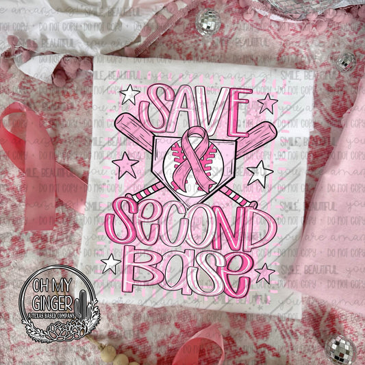 Save Second Base Stripes — a large pink ribbon with save-second-base lettering