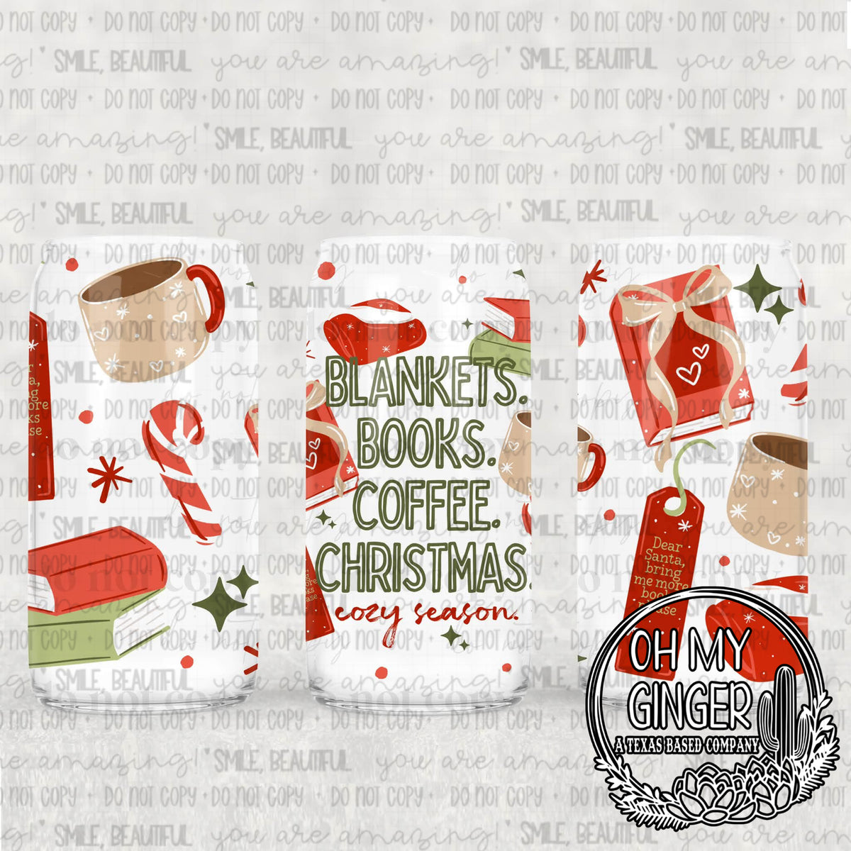 Blankets, Books, Coffee, Christmas Glass Can — books, coffee mugs and Christmas-colored panels