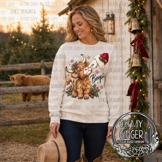 Boop Cow — a Highland cow with flowers and playful boop lettering