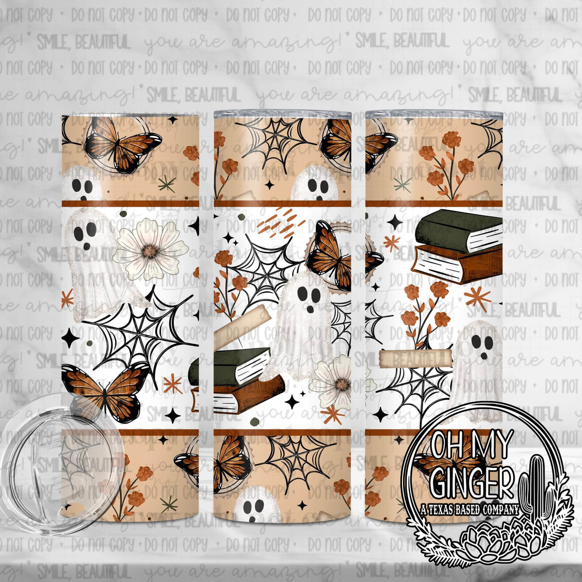 Spooky Books Skinny Tumbler — books, spiders, ghosts, webs and autumn accents